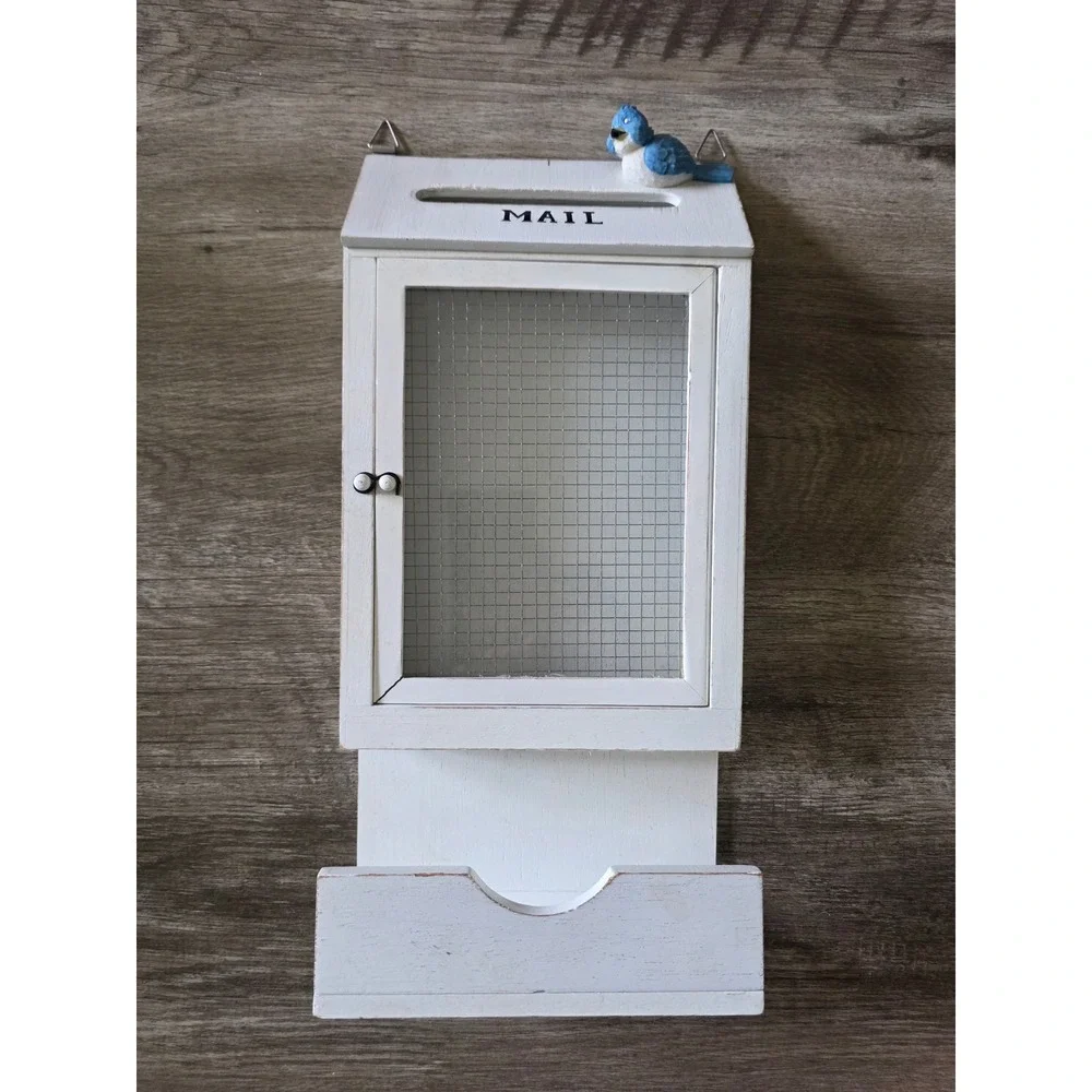 Rustic White Wood Mail Organizer Wall Mount Bluebird Farmhouse Decor Cottagecore
